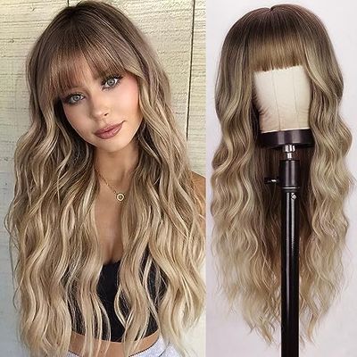Lativ Blonde Wig With Bangs Long Wavy Curly Ombre Wig with Dark Root Synthetic Heat Resistant Wigs for Women Daily Party Use