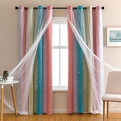 Dream Star - Cortinas Opacas para habitación de niños, niña, Princesa, para Ventana de Dormitorio, Hija (Rosa, Azul, Ancho 34 x Largo 63)