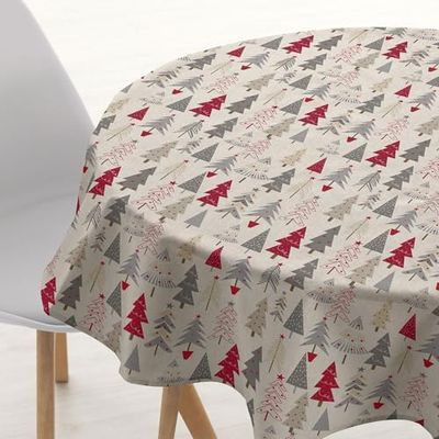 BELUM | Nappe de Noël Diamètre 140 Rond 100% Coton Résine Anti-Taches (Tacte Non plastifié) Modèle Merry Christmas 31
