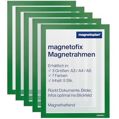 magnetoplan Magnetofix Lot de 5 cadres magnétiques auto-adhésifs A4 – Porte-documents magnétique étanche pour signalisation, cadre magnétique pliable – Vert