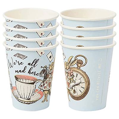 Set van 8 blauwe Alice in Wonderland papieren bekers | Wegwerpservies, recyclebaar voor thuis | Benodigdheden voor Mad Hatter-theekransje, verjaardag, moederdag