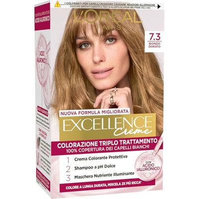 L’Oréal Paris Colorazione Triplo Trattamento Excellence, Con Acido Ialuronico, 100% Copertura Capelli Bianchi, Per Capelli Più Idratati, Biondo Dorato (7,3)