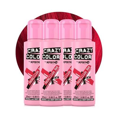 Crazy Color Vibrant Vermillion Red Semi-Permanent 4 Pack Quad Hair Dye. Highly Pigmented Scarlet Red Conditioning & Oil Nourishing Vegan Formula No Bleach or Ammonia 400ml