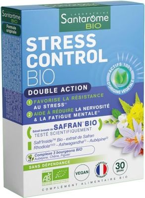 Santarome Bio - Stress Control Bio Complément Alimentaire Anti-Stress et Anxiété, Bien-être physique et mental, A base de plantes Bio, Rhodiola, Aubépine, Végan, Made In France, Bleu, 30 Gélules