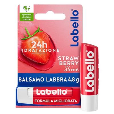 Labello Strawberry Shine Burrocacao labbra 4.8 g, Balsamo labbra colorato e nutriente all'aroma di fragola, Lip balm idratante per 24 ore con ingredienti naturali