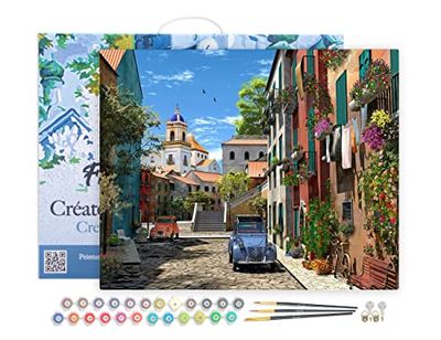 Figured'Art Peinture par Numéro Adulte avec Cadre Ruelle et 2 CV - Activité Manuelle Kit de Loisir Créatif DIY Numéro d'art Complet - 40x50cm Toile tendue sur châssis