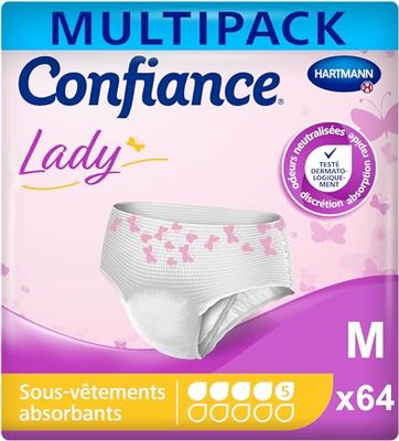 Confiance Lady - Culottes Absorbantes pour Femmes - Niveau d'Absorption = 5 gouttes (Fuites Urinaires Moyennes) - pH Neutre à la Peau - Taille M - 8x8 Unités