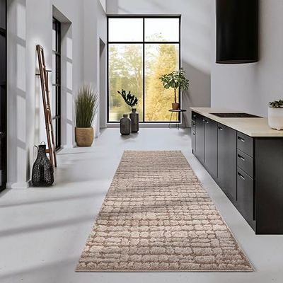 Elle Decor ation Artistique Hoogpolig tapijt, modern woonkamertapijt, shaggy, modern patroon, wollig, zacht, boho-tapijt voor woonkamer, slaapkamer, beige, 80 x 240 cm