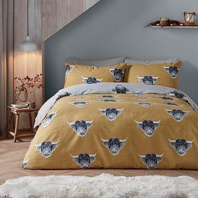 Fusion Snug - Highland Cow - Geborsteld Dekbedovertrek Set - Kingsize Bed in Oker