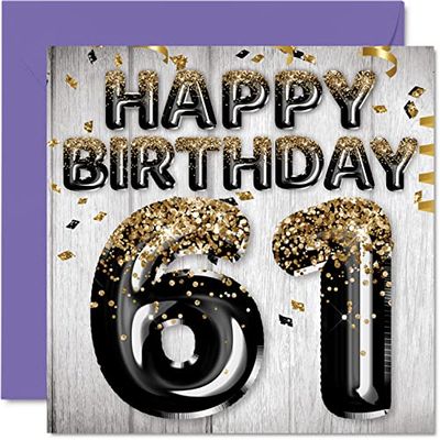 61st Birthday Card for Men - Black & Gold Glitter Balloons - Happy Birthday Cards for 61 Year Old Man Dad Grandad Grandpa Gran Uncle, 145mm Bday Greeting Cards Gift