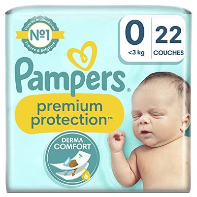 Pampers Couches Premium Protection Taille 0 (< 3 kg), 22 Couches Bébé, Notre N°1 Pour La Protection Des Peaux Sensibles, Convient aux Nouveau-nés