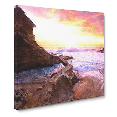 Laguna Beach In California Painting Modern Canvas Wall Art Print Ready to Hang, Framed Picture for Living Room Bedroom Home Office Décor, 20x20 Inch (50x50 cm)