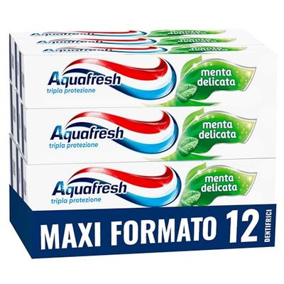 Aquafresh Dentifricio Tripla Protezione, Denti Forti, Gengive Sane, Smalto Rinforzato, Alito Fresco, Gusto Menta Delicata, Pacco da 12x75ml