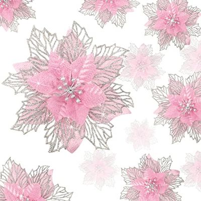 Geosar 36 Piezas de Flores de Pascua de Navidad para decoración de árbol de Navidad Artificial con Purpurina sintética, Adornos de Navidad para Año Nuevo para Recuerdos de Fiesta (Rosa)