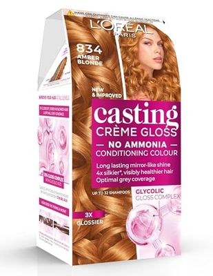 L’Oréal Paris Ammonia Free Semi-Permanent Hair Dye, 834 Blond Ambre, Natural Looking Finish, For up to 28 Shampoos, Casting Crème Gloss, 1 Application