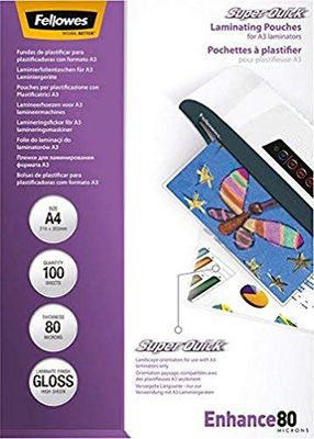 Fellowes Enhance A4 80micron Super Quick Glossy Laminating Pouches (Pack of 100)