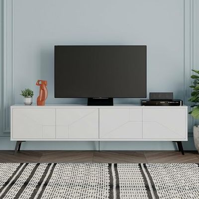 Dmora - Meuble TV Aljanah, Buffet de Salon, Armoire Basse pour TV, Base Murale de Rangement, 180x30 h50 cm, Blanc