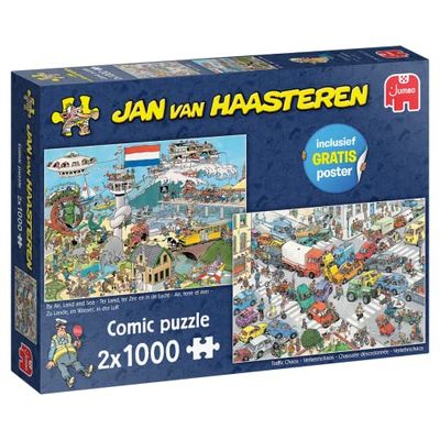 Jan van Haasteren Jumbo 20073 Verkeerschaos & Ter Land, ter Zee en in de lucht 2x 1000 stukjes, Legpuzzel voor Volwassenen