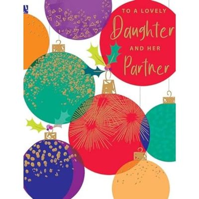 Piccadilly Greetings Modern Christmas Card, Couple Daughter & Partner, Baubles - 7 x 5 inches