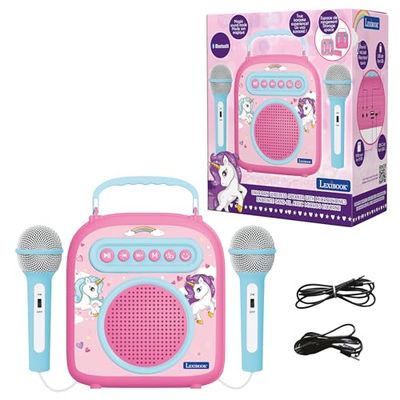 LEXIBOOK BTC050UNI Micro Star - Karaoke/altavoz portable inalámbrico para niños a partir de 3 años, con Bluetooth, micrófono, toma auxiliar, puerto USB, rosa, 18.3 x 8.5 x 22 cm