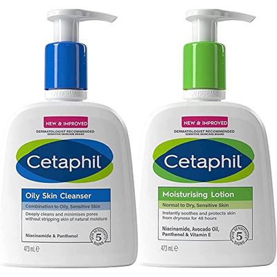 Cetaphil Oily Skin Cleanser, Face Wash, 473ml, For Combination to Oily Sensitive Skin & Face & Body Moisturiser, 473ml, Moisturising Lotion For Normal To Dry, Sensitive Skin