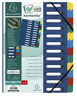 Exacompta - Réf. 55242E - 1 trieur HARMONIKA - avec élastiques et fenêtres découpées - couverture en carte lustrée - dos extensible - 24 compartiments - pour A4 - dim 24,5 x 32 cm - couleur bleu