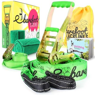 Barefoot Slackline-set (15 m) bestaande uit een ratel, een trainingslijn, boombeschermers en handleiding voor kinderen en volwassenen, verkrijgbaar in 3 kleuren (neongroen)