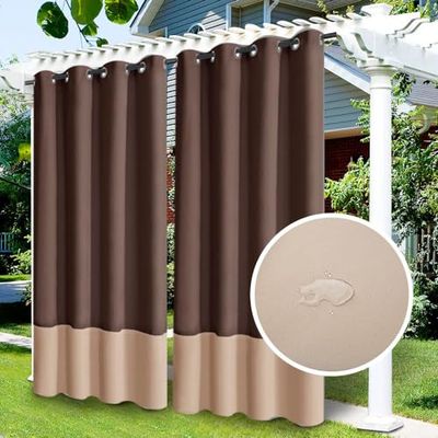 LiveGo Utomhusgardiner vattentät, mörkläggningsgardin med öljetter, gardin ogenomskinlig för lusthuset, skjutdörr, integritet värmeisolerad (kaffe + beige, 2 st, 52 tum B x 108 L)