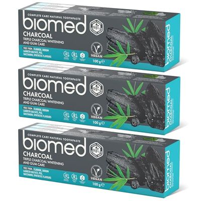 Biomed Charcoal 98% naturalna wybielająca pasta do zębów/Pielęgnacja dziąseł, bambusowy węgiel drzewny/wegański, SLS Free 3x100g