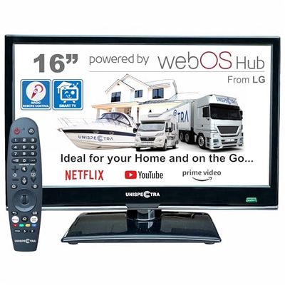 Unispectra® 16“ Smart TV (webOS) Full HD 230V 24V Triple Tuner: Sat, Antenne, Kabel TV, 3xHDMI, 2xUSB, Magic Remote. 12V TV voor campers, caravans, vrachtwagens, bestelwagens, boten