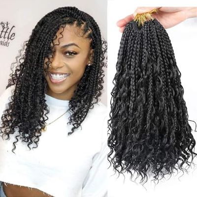 LMZIM Lot de 8 paquets de 35,6 cm de large tresses de déesse tressées au crochet, style bohème, extensions de cheveux synthétiques noirs