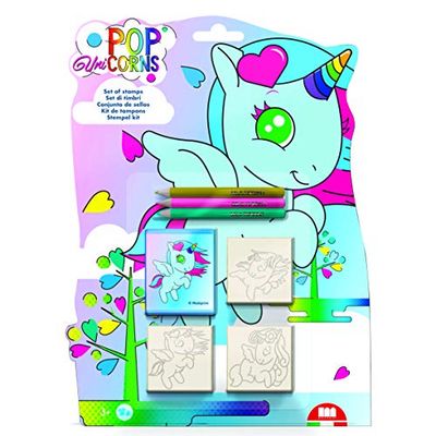 Multiprint Blister Timbres Enfants Sagomati Pop Unicorns, 100% Made in Italy, Tampons Enfants Personnalisés, en Bois et Caoutchouc Naturel, Encre Lavable Non Toxique, Idée Cadeau, Art.11978