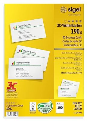 SIGEL LP790, 85x55 mm (A4), Business Cards, 3C, smooth cut all around, 190 gsm, printable, bright White, 100 Piecesequal to10 sheets