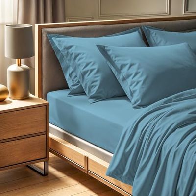 Premium Ranforce King Fitted Sheet (160 x 200 + 30 cm), 100% bomull, 145 trådantal: maskintvättbar vid 30 °C, elegant blå färg för lyxig komfort