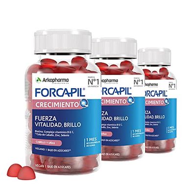 Arkopharma Forcapil Crecimiento, Pack Tratamiento de 3 meses, Sabor Frutos Rojos, Fuerza, Vitalidad y Brillo, Alta Concentración en Biotina, Vitamina B y C, Rojo, 60 Unidad (Paquete de 1)