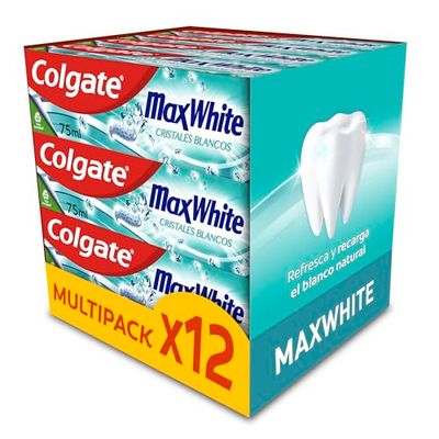 Colgate Max White Cristales Blancos Pasta de Dientes Blanqueante, Pack 12 Uds x 75ml, Salud Bucodental Completa, Dentífrico Blanqueador con Protección contra las Caries, Aliento Fresco