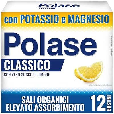 Polase Classico, Magnesio e Potassio, Integratore Alimentare, contro Stanchezza e Fatica Fisica, Caldo, Sali Minerali Organici, Senza Glutine, Gusto Limone, 12 Bustine