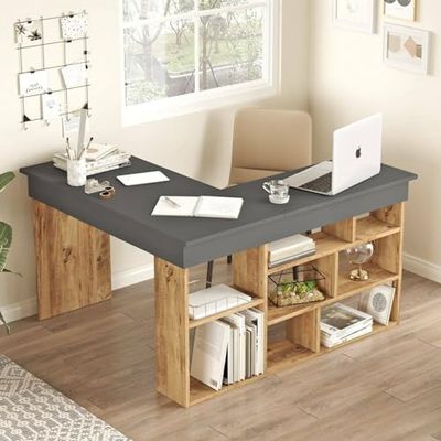 Dmora - Bureau Angete, Pupitre Polyvalent, Table de Bureau pour PC, Plan de Travail, 129x120h72 cm, Chêne et Noir