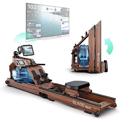 Bluefin Fitness Máquina de Remo Blade Aqua W-1, Madera y Agua / Fresno Americano / Equipo de Gimnasia en Casa Plegable / Consola LCD + Monitor de Ritmo Cardiaco / App Kinomap, negro/marrón