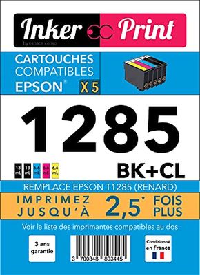 INKER PRINT P-E1281 – Pack de 5 Cartouches d’Encre XL (2 x Noir + 3 x Couleur), compatibles avec EPSON 1285 BK + CL – Remplacent EPSON T1285