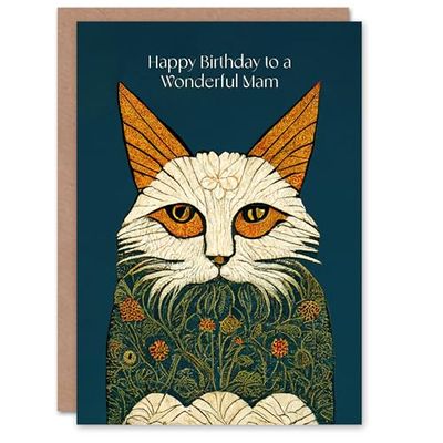Artery8 Mam Happy Birthday Card Magnificent Moggie William Morris Style Elegant Retro Cat For Her Greeting Card