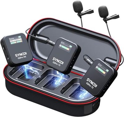 SYNCO Microfono lavalier wireless, G2(A2) Pro 2.4G Dual Lapel Mic 150m 8H per lezioni online Vlog Live Stream YouTube per fotocamera smartphone tablet, Wireless-Lavalier-Microfono-Dual-Channel