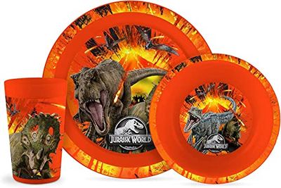 Lulabi Jurassic World Set 3 Pezzi Bimbo in Polipropilene Decorato. Set Composto da 1 Piatto Piano, 1 Piatto Fondo, 1 Bicchiere