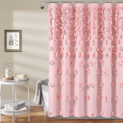 Lush Decor Riley Rideau de Douche 182,9 cm de Large x 182,9 cm de Long, Rose – Rideau de Douche de Luxe avec nœuds – Texture Charmante – Accessoire de Salle de Bain Magnifique et élégant – Décoration