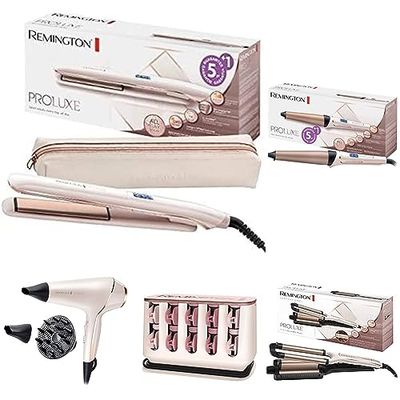 Remington Bundle Set [PROluxe - Technologie Intelligente OPTHeat]: Lisseur Cheveux + Boucleur (Conique 25-38mm) + Boucleur (Waver 4en1) + Bigoudis Cheveux + Sèche-cheveux (2400W, Professionnel)