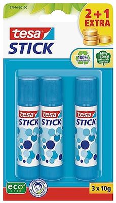 Tesa Colles Bâton de Colle Promo - Stick de Colle pour Papier et Carton - Colle sans Solvant et Écologique pour les Loisirs, l'École et le Bureau, 3x 10g, bleu