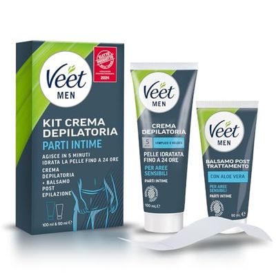 Veet Men Kit Depilazione Intima per Pelli Sensibili, Crema Depilatoria Uomo Parti Intime, Dermatologicamente Testata, Efficace Dopo 5 minuti, Crema Depilatoria 100 ml e Balsamo Post Depilazione 50 ml