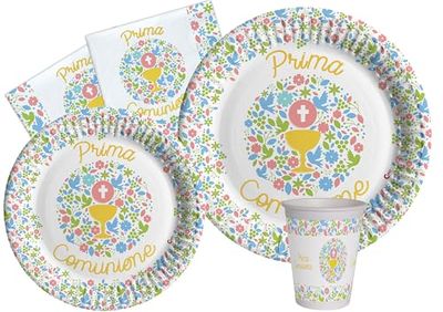 Ciao AZ142 First Communion Table Party Kit 8 people (44 pcs: 8 plates Ø23cm, 8 p Ø18cm, 8 glasses, 20 napkins) eco-friendly Baby, Cups, Made compostable Paper, Solid, Multicolour