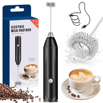 Milk Frother Handheld Whisk Rechargeable Drink Mixer, Coffee Frother Whisk & Mini Drink Mixer Milk Frother Foamer, Electric Portable for Latte, Cappuccino, Hot Chocolate- Black