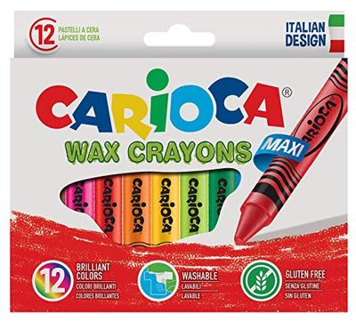 CARIOCA Pastelli Maxi Wax, Pastelli a Cera Lavabili con Punta Grossa per Bambini, Morbidi e Scorrevoli, Colori Assortiti e Brillanti, Facili da Temperare, 12 Pezzi